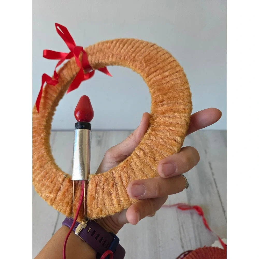 Vintage chenille orange candle wreath hanging Xmas decor working light decor is